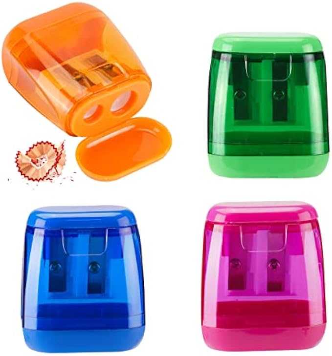 Colored Pencil Sharpeners Manual, Hand Held Small Compact Pencil Sharpener for Kids with Lid Dual Hole, (8-11mm) No.2/Makeup Pencils Classroom Adults Artist Students School Home Office -4PCS