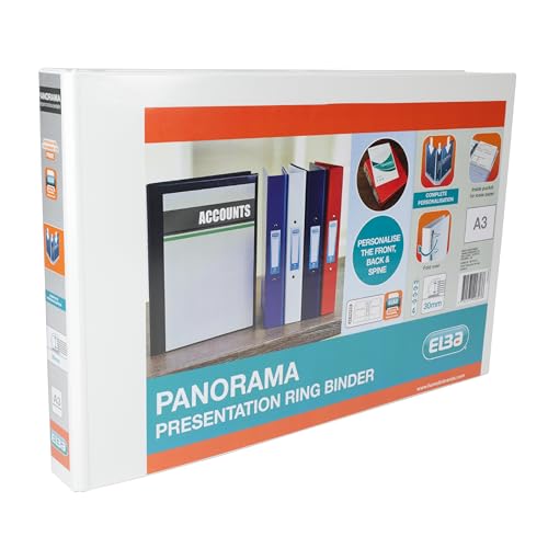 Elba A3 4 D-Ring Binder, 30mm capacity, 35mm spine, Presentation Folder with Customisable Cover, Landscape, White (Single)