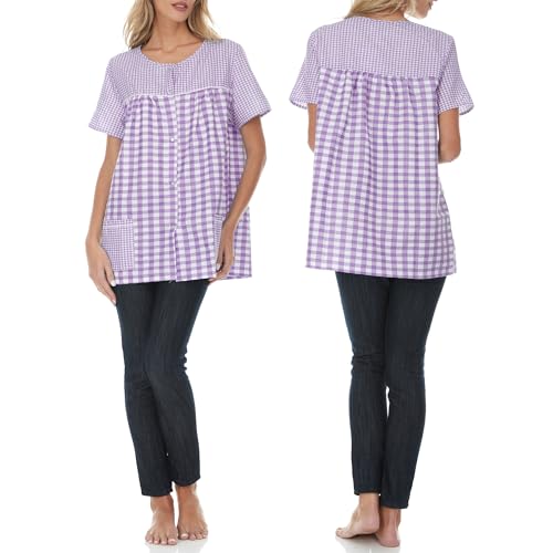 Ezi Women's Snap Front Short Sleeve Gingham Shift Seersucker Housecoat Apron Shirt