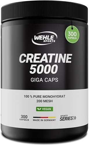 Wehle Sports Creatin hochdosiert – 300 Kapseln – 5000 mg pro Tag | Creatin Monohydrat – ohne Zusatzstoffe – vegan, produziert in Deutschland