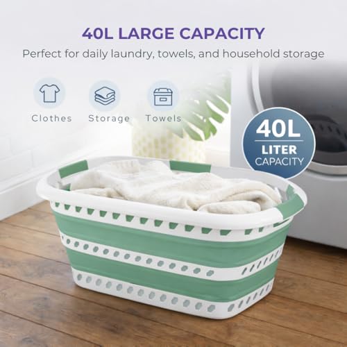 Image of Laundry 360 Collapsible Laundry Basket | Portable | Space Saver Storage | Hold 2 Loads | Store Under the Bed or Closet | Good for Kids | Dorm | Bedroom | Large | White /Sage