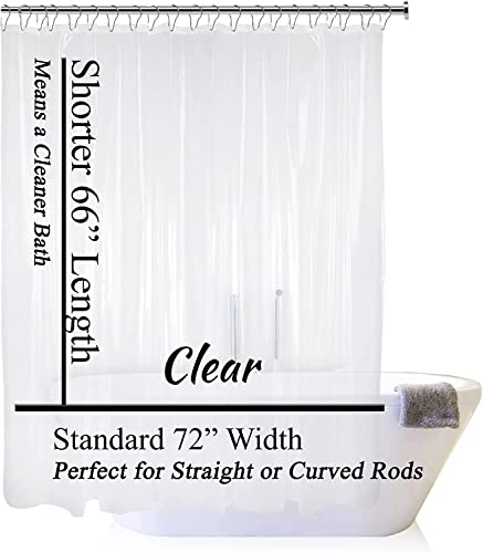 Short Cut Shower Curtain Liner -72 X 66 Short Shower Liner W/Magnets Clear Waterproof Shower Liner Short Length Prevents Soap Scum From Gathering In Bottom Folds. Secure Metal Grommets -Clear (1 Pack) #TOP6