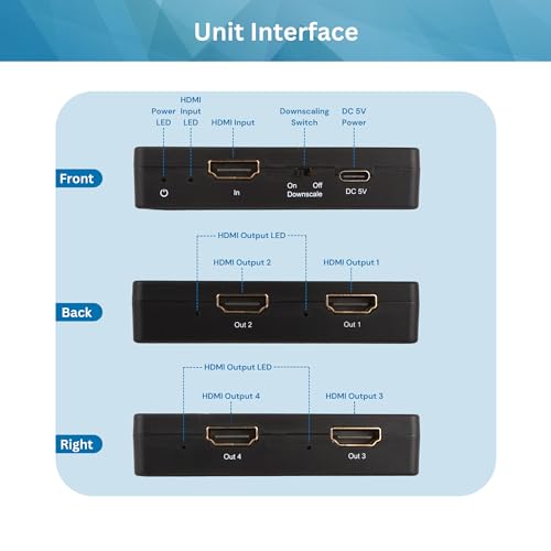 J-Tech Digital HDMI Splitter 4K 60Hz 1X4 Multi-Resolution Output (MRO) HDMI 2.0 Splitter Supports downscale HDR HDR10 / Dolby Vision 4K@60Hz 4:4:4 HDCP2.3 2.2 (JTECH-4KSP4)