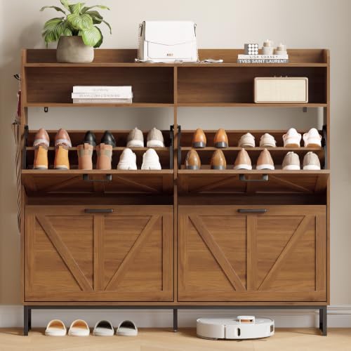 Image of Xixini Shoe Storage Cabinet with 4 Flip Drawers, Entryway Shoe Rack, Walnut | Freestanding Narrow Shoe Storage, Hidden Slim Wood Shoe Organizer, Modern Farmhouse, Open Storage & Hooks for Closet, Hallway