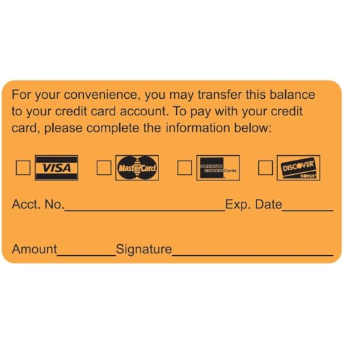 Credit Card Payment Authorization Label Visa MasterCard American Express Discover, Fluorescent Orange 3-1/4" x 1-3/4", Permanent Adhesive, 250 Stickers/Box, Doctor Stuff