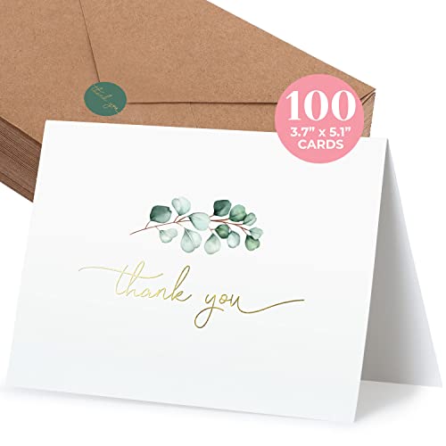 100 Heavyweight Blank Thank You Cards with Envelopes for a Personal Touch, Eucalyptus Thank You Card...