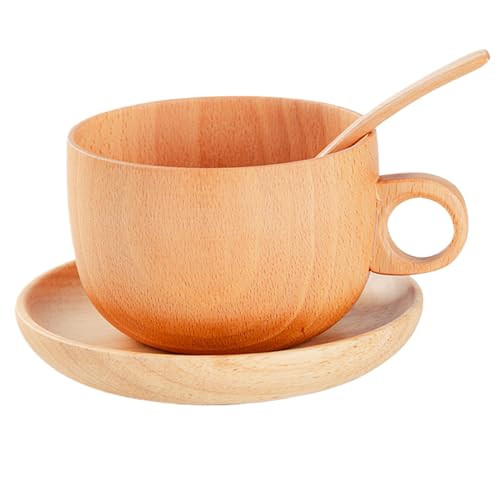 Taza de café de madera, 290 ml, de madera natural, con cuchara, juego de platillos para té, whisky, patio, balcón, patio, jardín, parque, hogar, picnic, camping,