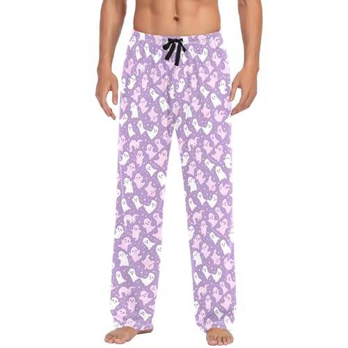 Mens Cotton Pajama Pants Sleep Lounge Pj Bottoms Sleepwear with Pockets Drawstring S Cute White Pink Ghost2