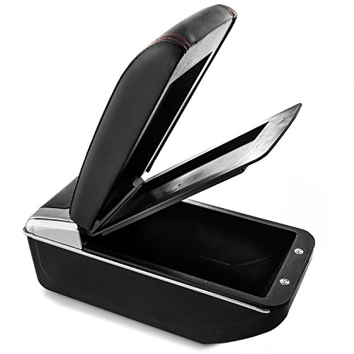 Car Armrest Center Console Box Storage Black Handrest Compatible With Nissan Juke 2010-2017 - Black Leather Red Stitching - Double Storage Space, Adjustable Cup Holder, Rear Ashtray / Change Holder #TOP1