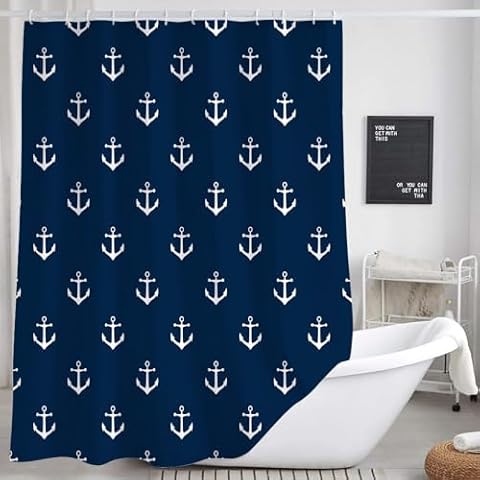 DYNH Nautical Anchor Shower Curtain for Bathroom, Navy Blue Beach Coastal Beachy Fabric Shower Curtains Set Decorative, White Ocean Men Boys Kids Restroom Decor Accessories Hooks Included 72x72 Inch Cover