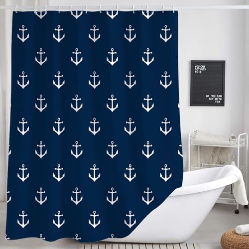 DYNH Nautical Anchor Extra Long Shower Curtain for Bathroom, Navy Blue Beach Coastal Beachy Fabric Shower Curtains Set Decorative, White Ocean Men Boys Kids Restroom Decor Accessories 72X84 Inch