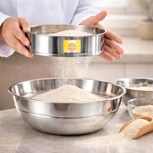 Image of Rakesh Gold Large Stainless Steel Atta & Suji Chalni | Fine Mesh Steel Sieve | Heavy Duty Food Grade Kitchen Channi | Premium Stainless Steel Flour Sieve (Regular Size, Atta and Suji CHALNI)