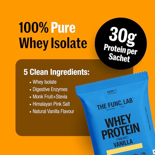 Image of The Func. Lab Whey Protein Isolate - Vanilla Travel Packs | (4 * 35g Sachets) Pack of 2 | Grass‑Fed, 30g Protein per Scoop | High Protein Supplement with Digestive Enzymes for better Absorption
