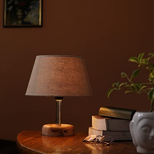 Image of PineCraft International Edra Table Lamp with Shade Night Lamp for Living Room, Study Room, Bedroom & Home Decor Gift Item 12 inch Height Wooden Study Lamp with Grey Shade, 1 Piece