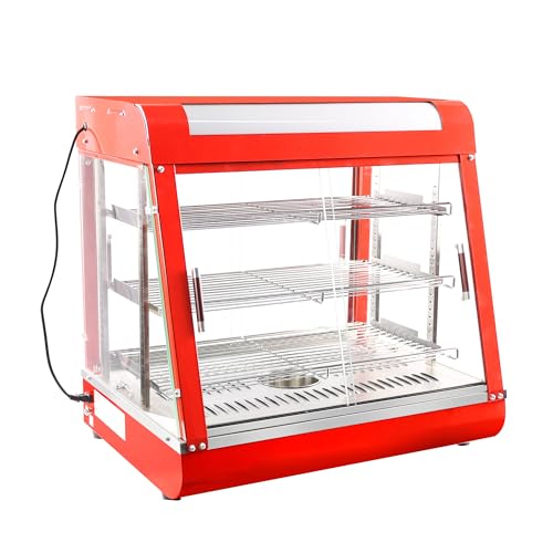 Whalefall 3-Tier Food Warmers Countertop, 27 inch Commercial Warm for Food Pizza Warmer w/ 3D Heating with Stainless Frame Sliding Glass Doors Pastry Display Case for Buffet Restaurant,Red
