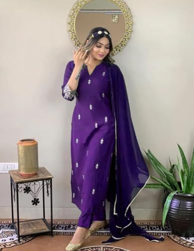 Image of Women Premium Collection Rayon Embroidered Straight Kurta Pant Dupatta Festive Ethnic Apparel Set