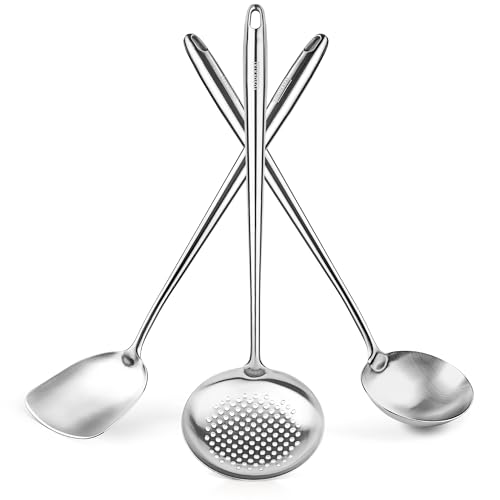 YOSUKATA Spatola e Mestolo Cucina e Schiumarola Acciaio Inox per Wok 43 cm - Set di 3 Utensili Cucina Acciaio Inox 304 - Accessori Universali per Wok