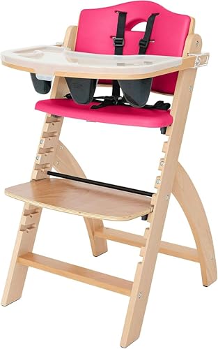 Image of Abiie Beyond Junior Wooden High Chair for Babies and Toddlers - Convertible 3-in-1 Baby Highchair with Removable Tray - 6 Months to 250 Lb - Water Resistant - Natural Wood /Raspberry Cushion