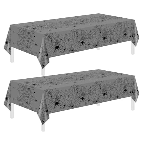 Image of Childom 2 Pack Halloween Tablecloth,Halloween Party Decorations 54 x 108 Inch Plastic Table Cloth Disposable,Gray Spider Web Table Cover for Rectangular,Home,Dinner,Scary Themed Parties Supplies Decor