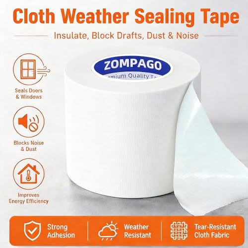 Image of ZOMPAGO White Window Weather Sealing Tape 2.4in x 33FT, Cloth Draft Stopper for Sliding Door & Gap Filler, Strong Adhesive Window Seal Tape Air Conditioner Door Weather Stripping Insulation