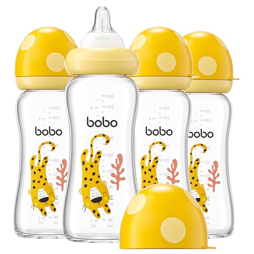 Image of YOHKOH Natural Glass Baby Bottle with Level 2 Medium Flow Nipple, Newborn Anti-Colic Baby Bottles, Wide Neck Mushroom Baby Glass Bottle (8.8ounce (Pack of 4), Yellow2)