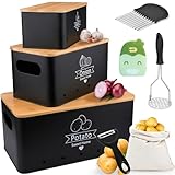 TEGOVE Caja Para Guardar Patatas,Tarros de Patatas,Juego de 3 Almacenamiento Cocina con Tapa y Orificios de Ventilación,Tarro de Cebolla,Tarro de ajo (Negro)