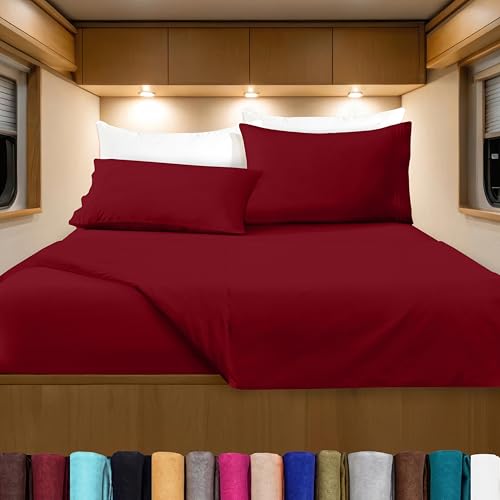 Image of Elegant Comfort Luxurious 1500 Premium Hotel Quality Microfiber Three Line Embroidered Softest 4-Piece Bed Sheet Set, Wrinkle and Fade Resistant, RV Short Queen, Burgundy