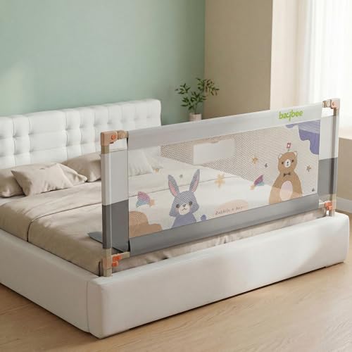 Image of BAYBEE Baby Bed Rail Guard (150x80cm), Bedrail for Baby Safety with 28 Height Adjustable, Portable Bed Side Protector for Babies Falling | Foldable Single Side Bed Railing, 1 Side, (Grey /White)