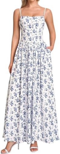 VKIHOC Women Floral Corset Maxi Dress Spaghetti Strap Lace Up Flowy A Line Long Wedding Guest Dress with Pockets, Bf, M