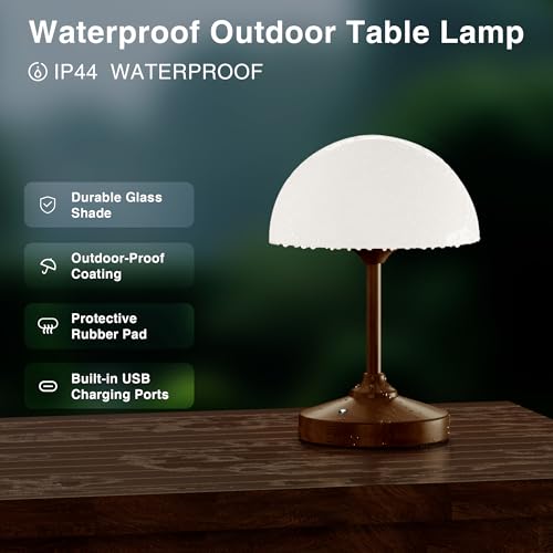 Image of Dawnwake Mushroom Lamp Cordless Lamp Table Lamp,Outdoor Waterproof Shower Lamps,5000mAh Rechargeble Battery Operated Dimmable Touch Desk Lamps,LED Night Light for Bathroom Patio Camping Outdoor /Walnut