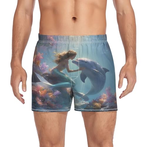 Sletend Mermaid Dolphin Men's Boxer Briefs Soft Lounge Boxer Shorts Woven Underwear Button Fly XL