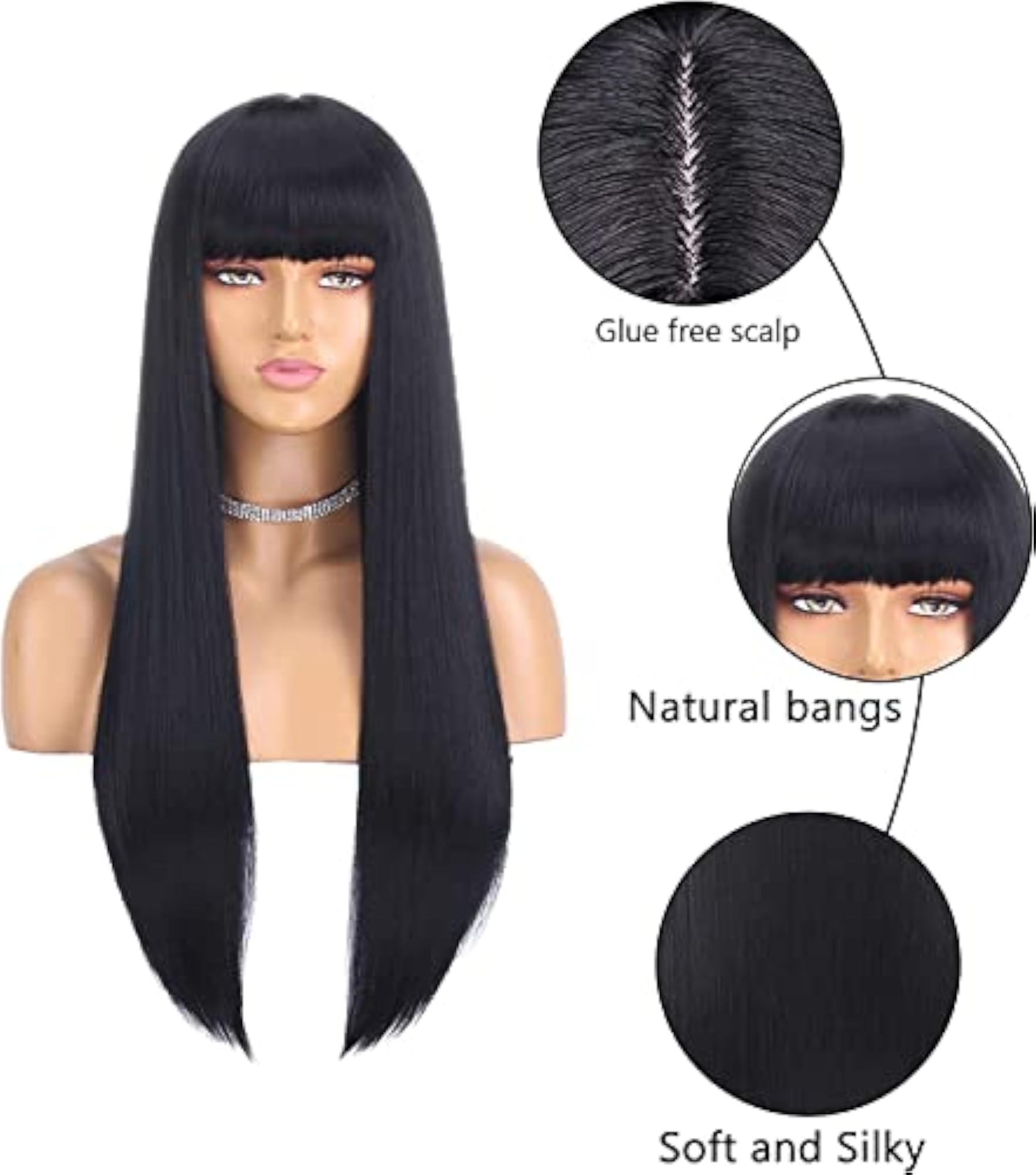 Women's 22 Inch Black Synthetic Hair Wig with Bangs