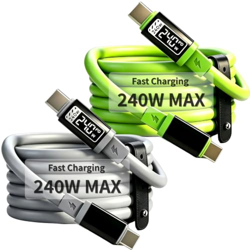Image of [2-Pack, 5 ft] 240W USB C to C Cable for iPhone 17 Charger Fast Charging Cable Flexible Silicone Type C E-Marker Charger Cord [Neon Green & Silver Gary]