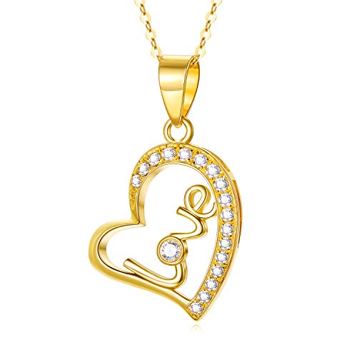 14K Solid Yellow Gold Love Heart Necklace for Women Birthday Anniversary Jewelry Gifts for Women, Mom, Wife 16