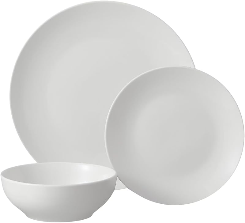 Glazed White Stoneware Dinnerware Set, 12-Piece Service for 4 | Dishwasher Safe, Microwave Safe, Round Shape, Modern Decor Style, Includes Plates & Bowls