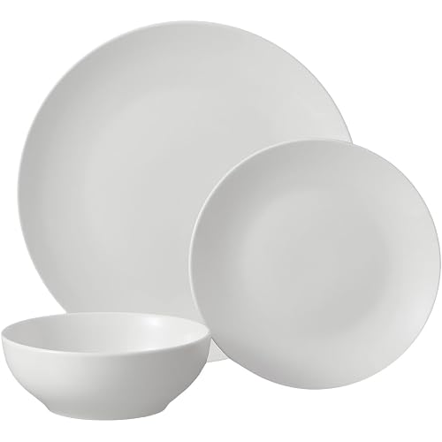 Glazed White Stoneware Dinnerware Set, 12-Piece Service for 4 | Dishwasher Safe, Microwave Safe, Round Shape, Modern Decor Style, Includes Plates & Bowls