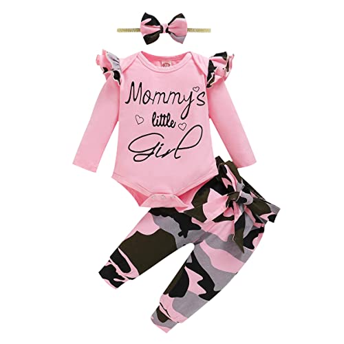Image of Aoswep Newborn Baby Girl Clothes, Infant Girl Outfits Long Sleeve Ruffle Romper + Floral Pants + Headband Set
