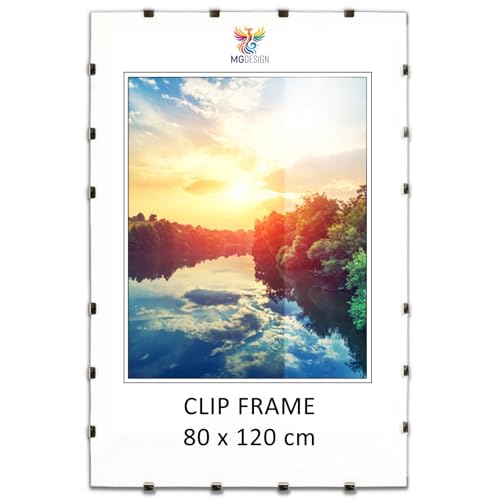 MG Design Cadre à clips 80 x 120 cm – cadre sans bordure en plexiglas pour photos, posters et puzzles – suspension verticale ou horizontale