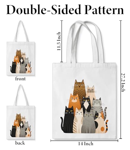 Image of Cute Cat Canvas Tote Bag for Women, Aesthetic Reusable Shoulder Bag for Shopping Travel Work