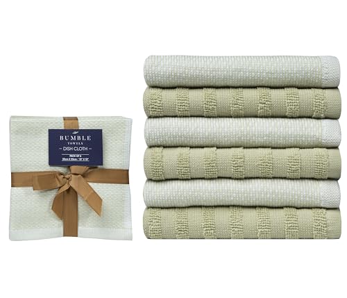 Image of Bumble Premium Dish Cloths 13 inchx13 inch (6 Pack) | 100% Natural Ring Spun Cotton | 400 GSM | Highly Absorbent & Soft |Yarn Dyed & Solid Dyed Terry Dish Cloth Set - Sage