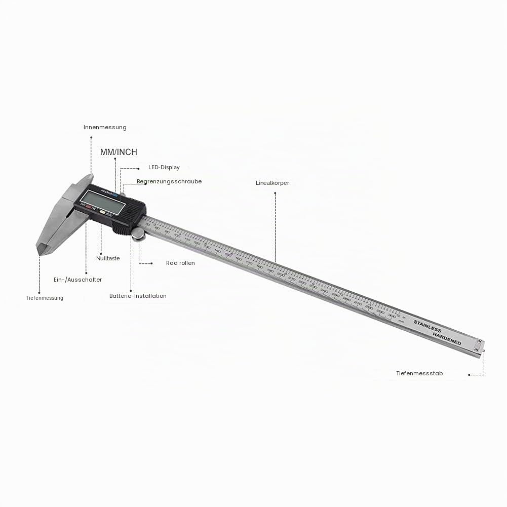 Messchieber, 30 cm, digital, LCD-Display, Edelstahl, metrische Umrechnung, Präzisionsgerät, mit Batterie, Hülle