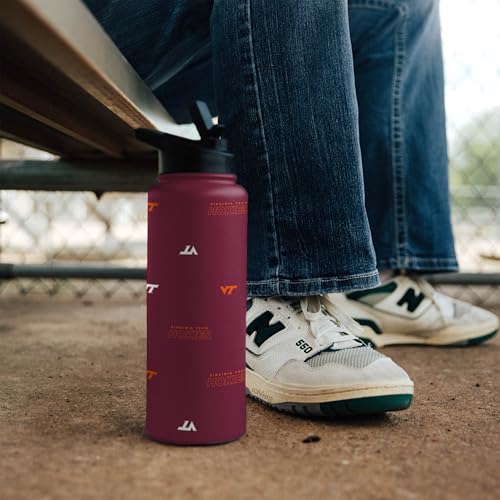 Image of Logo Brands NCAA Virginia Tech Hokies Step & Repeat 34 oz Stainless Steel Quencher Bottle - All Over Logo Design, No-Spill Lid, Easy Carry Handle - Keeps Drinks Cold For Hours