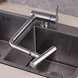 Grifo Cocina Plegable para Ventana, Grifo de Cocina Abatible Acero Inoxidable Giratorio Orificio Único Agua Fría y Caliente Ventana de Apertura Hacia Adentro Grifo para Lavabo Cepillado-D