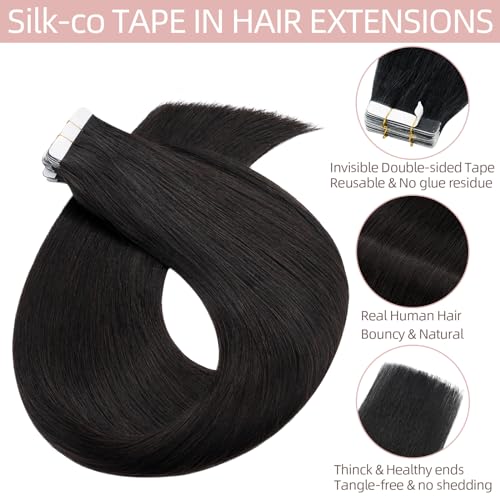 Silk-co 40 Pcs Hair Extensions Tape in Human Hair #1B Natural Black Real Human Hair Extension Skin Weft Seamless Straight (12inch - Image 2
