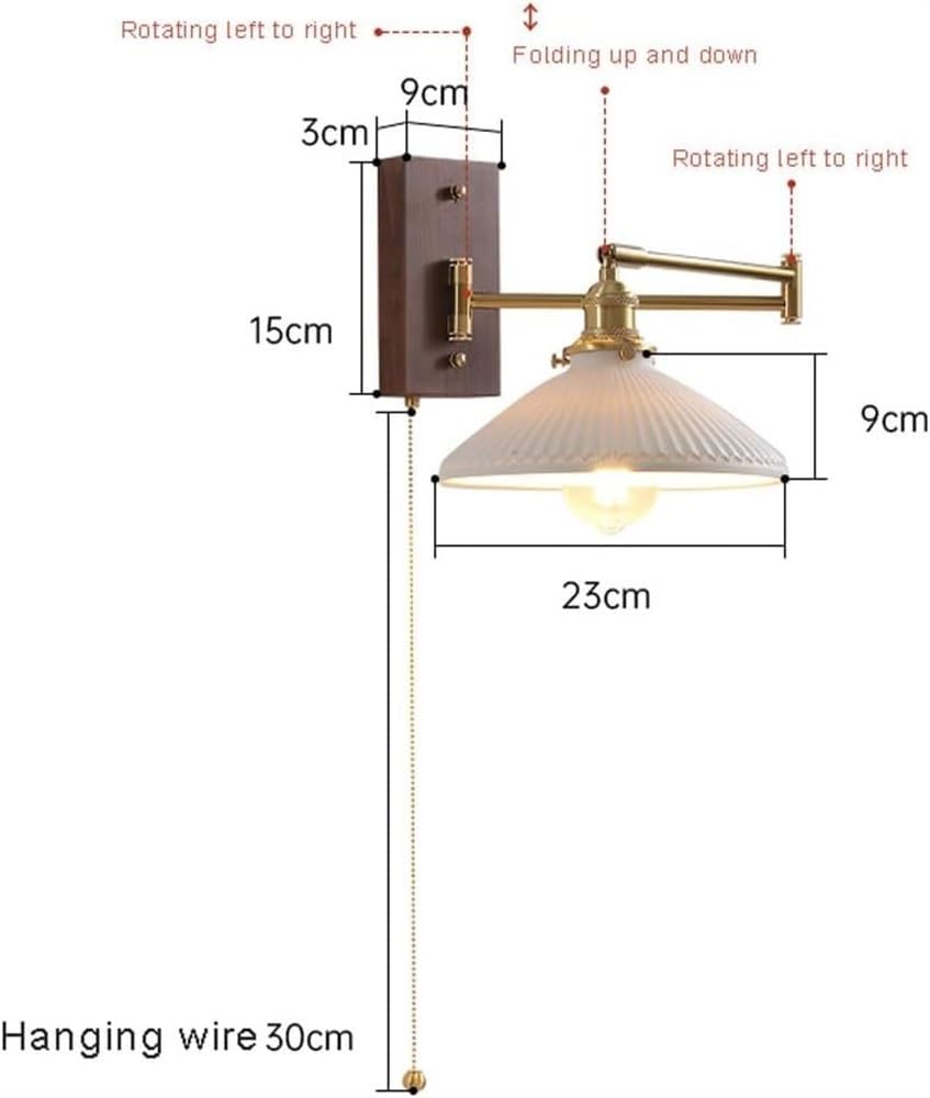Applique da Parete per Interni Vintage in Ottone con Braccio Orientabile Regolabili in Legno E Ceramica Stile Industriale per Comodino Camera da Letto E Porta