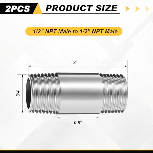 Image of 2 Pcs 304 Stainless Steel 1 /2 NPT Pipe Nipple 2 inch Length