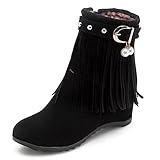  MJIASIAWA Femmes Hiver Bout Rond Compensées Frange Bottillons Décontractée Warm Extérieur Augmentation Fermeture Éclair Gladiateur Bottillons Classique Noir Taille 35 Eu