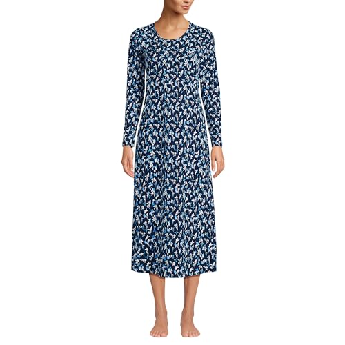 Lands' End Womens Cotton LS Midcalf Nightgown Deep Sea Navy Floral Mix Regular Small