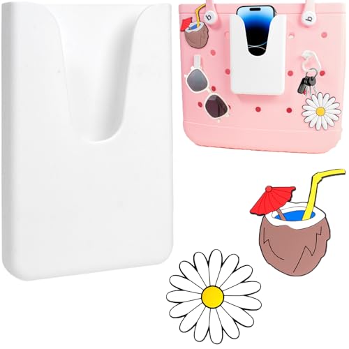 Image of Silicone Phone Holder Compatible with Bogg Bag, Phone Case Holder Charms Accessory for All Bogg Bags and Beach Bag, Phone Holder Attachment for Beach Tote Bags, With 2Pcs Charms & 2Pcs Key Hook(White)