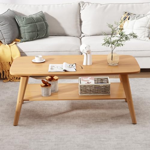 Table basse en bois massif moderne avec étagère de rangement - 5